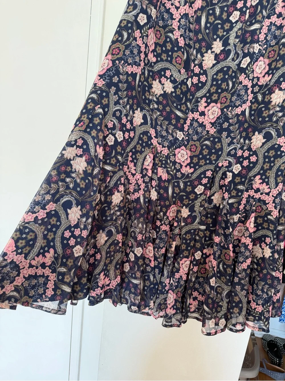 LOFT Navy Skirt with Pink Floral Paisley Print